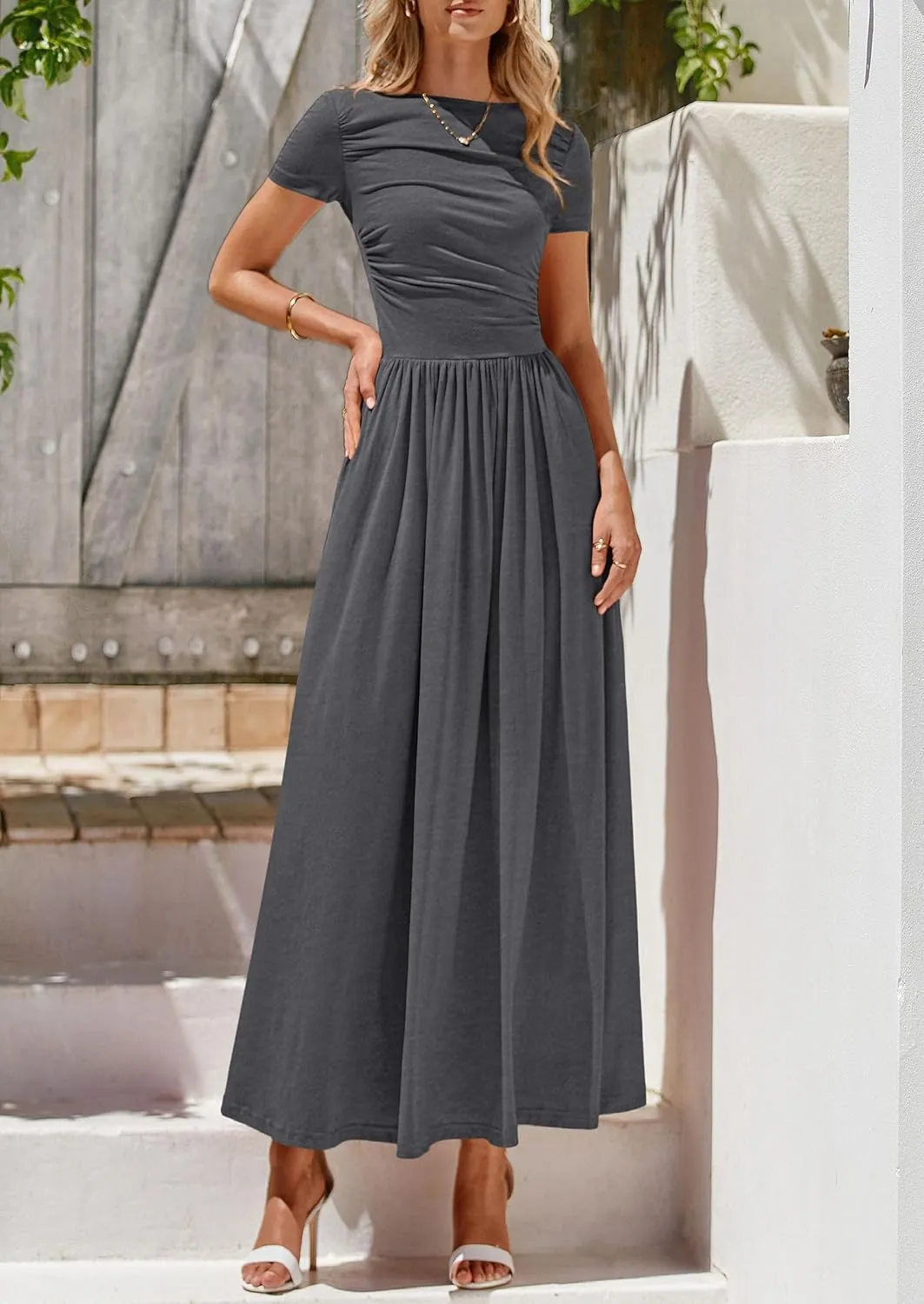 PRETTYGARDEN Women's Casual Dresses 2025 Summer Short Sleeve Ruched Patchwork A Line Pleated Swing Maxi Dress with Pockets