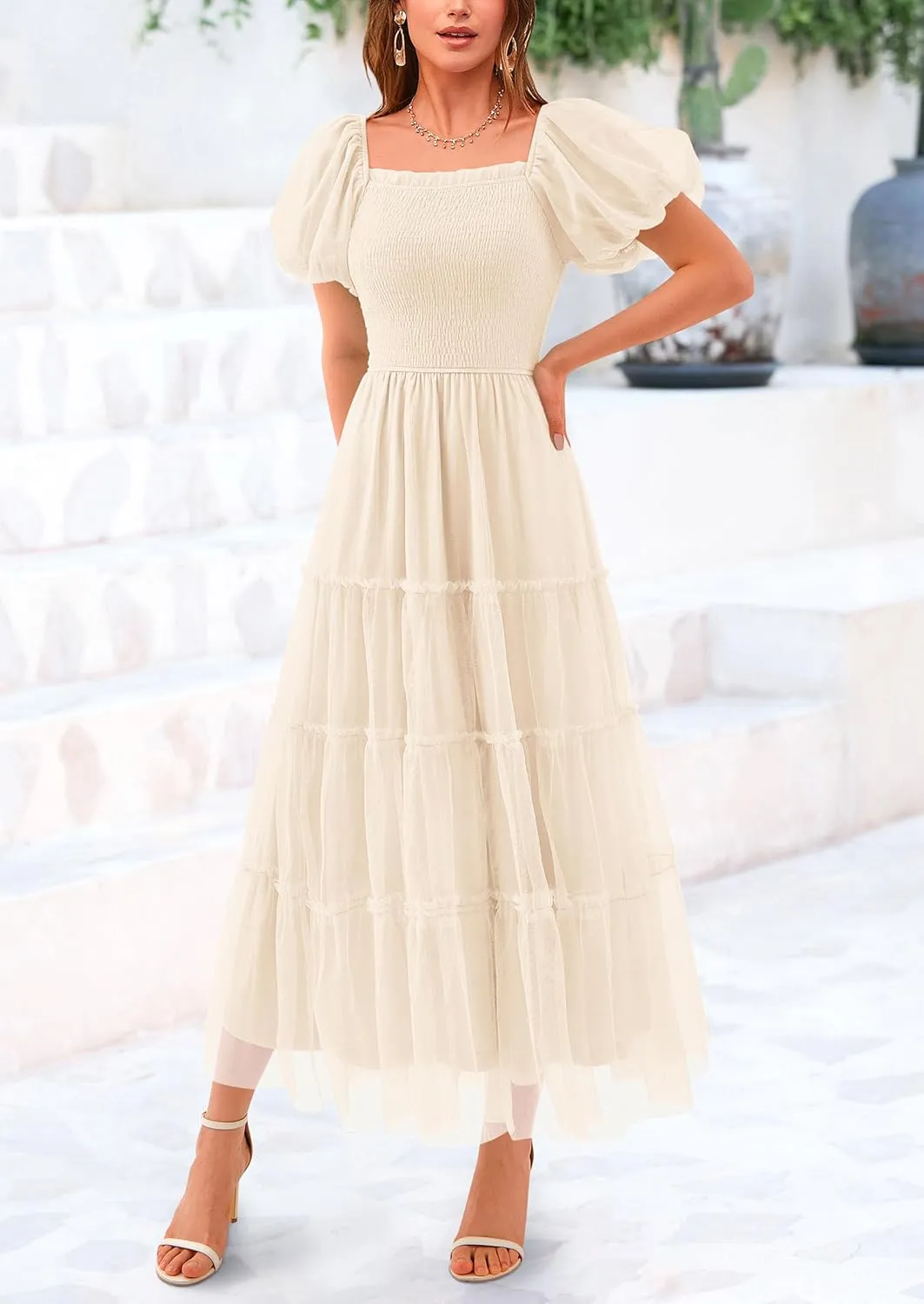 PRETTYGARDEN Women's Smocked Tulle Midi Dress 2025 Summer Square Neck Puffy Short Sleeve Ruffle Wedding Guest Party Dresses