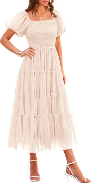 PRETTYGARDEN Women's Smocked Tulle Midi Dress 2025 Summer Square Neck Puffy Short Sleeve Ruffle Wedding Guest Party Dresses