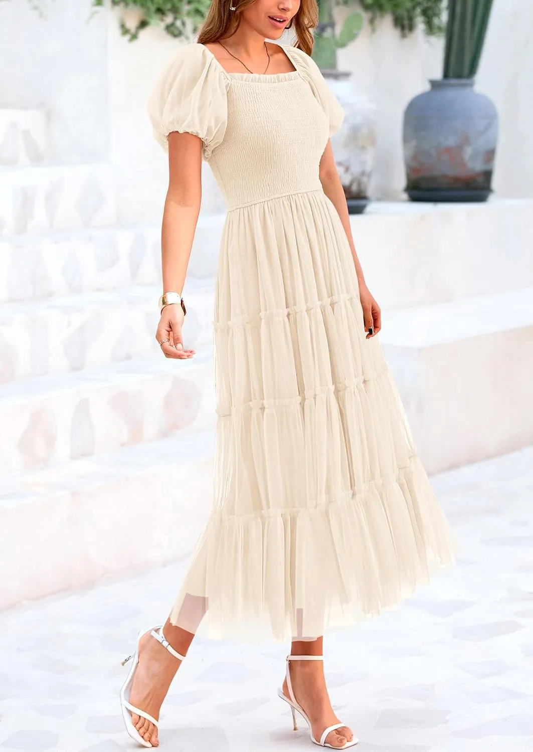 PRETTYGARDEN Women's Smocked Tulle Midi Dress 2025 Summer Square Neck Puffy Short Sleeve Ruffle Wedding Guest Party Dresses