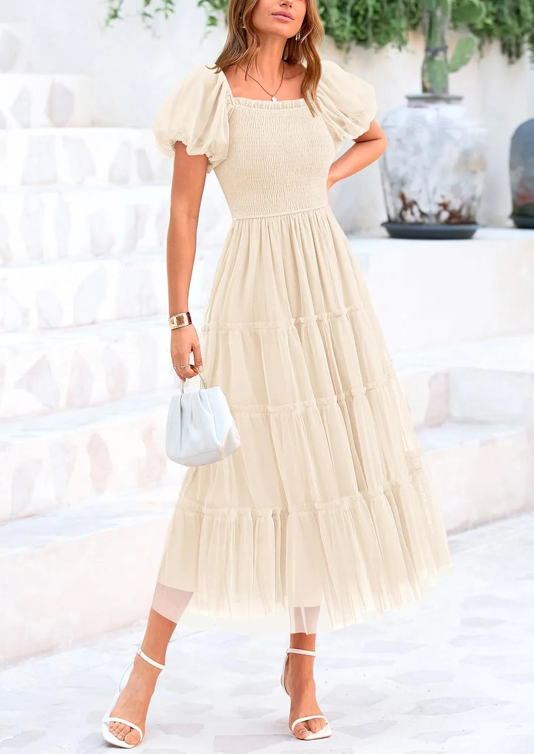 PRETTYGARDEN Women's Smocked Tulle Midi Dress 2025 Summer Square Neck Puffy Short Sleeve Ruffle Wedding Guest Party Dresses