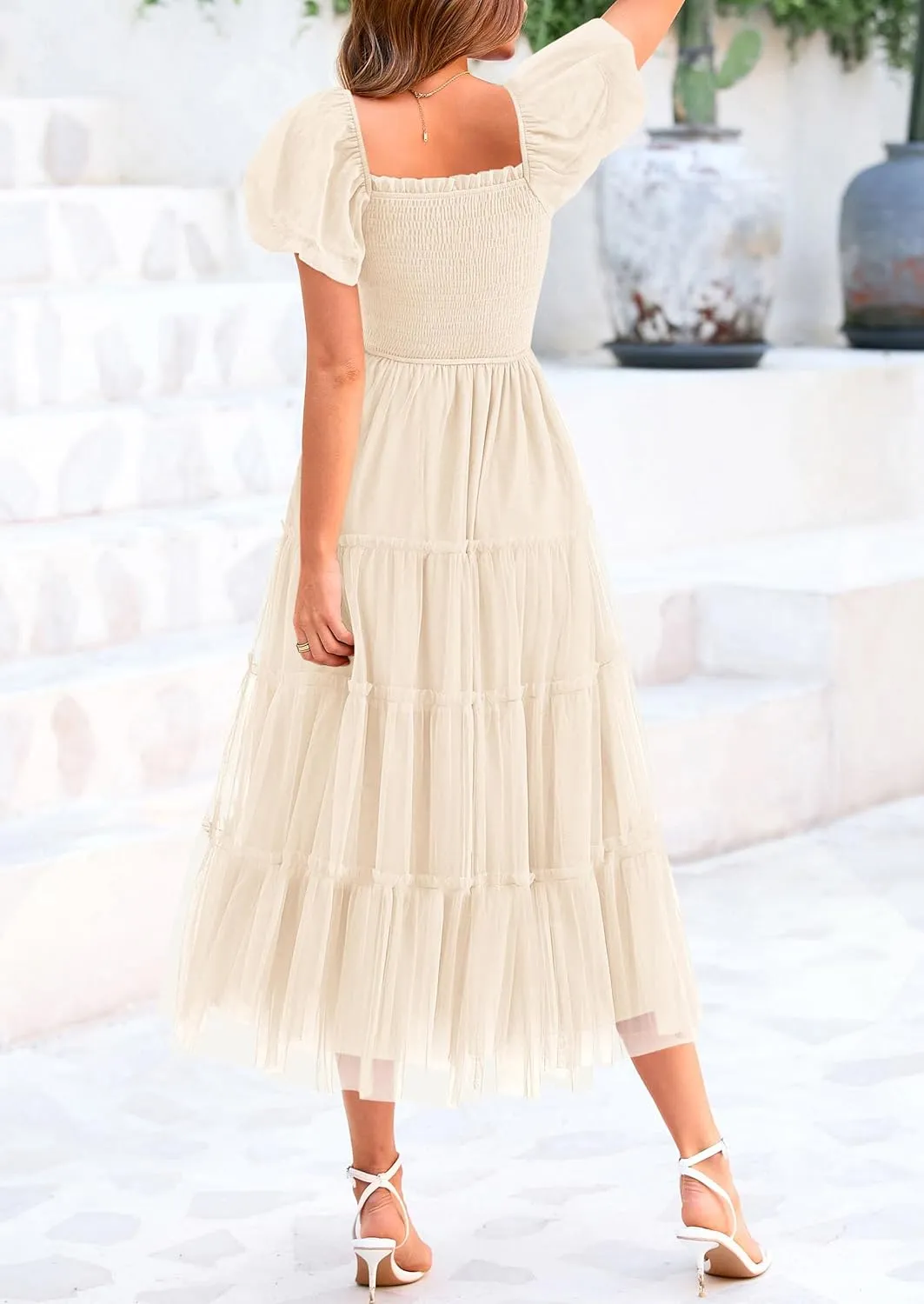 PRETTYGARDEN Women's Smocked Tulle Midi Dress 2025 Summer Square Neck Puffy Short Sleeve Ruffle Wedding Guest Party Dresses