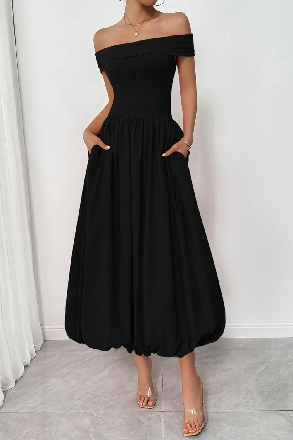 PRETTYGARDEN Womens Summer Off Shoulder Sleeveless Midi Dress Cocktail A Line Flowy Wedding Guest Dresses with Pockets