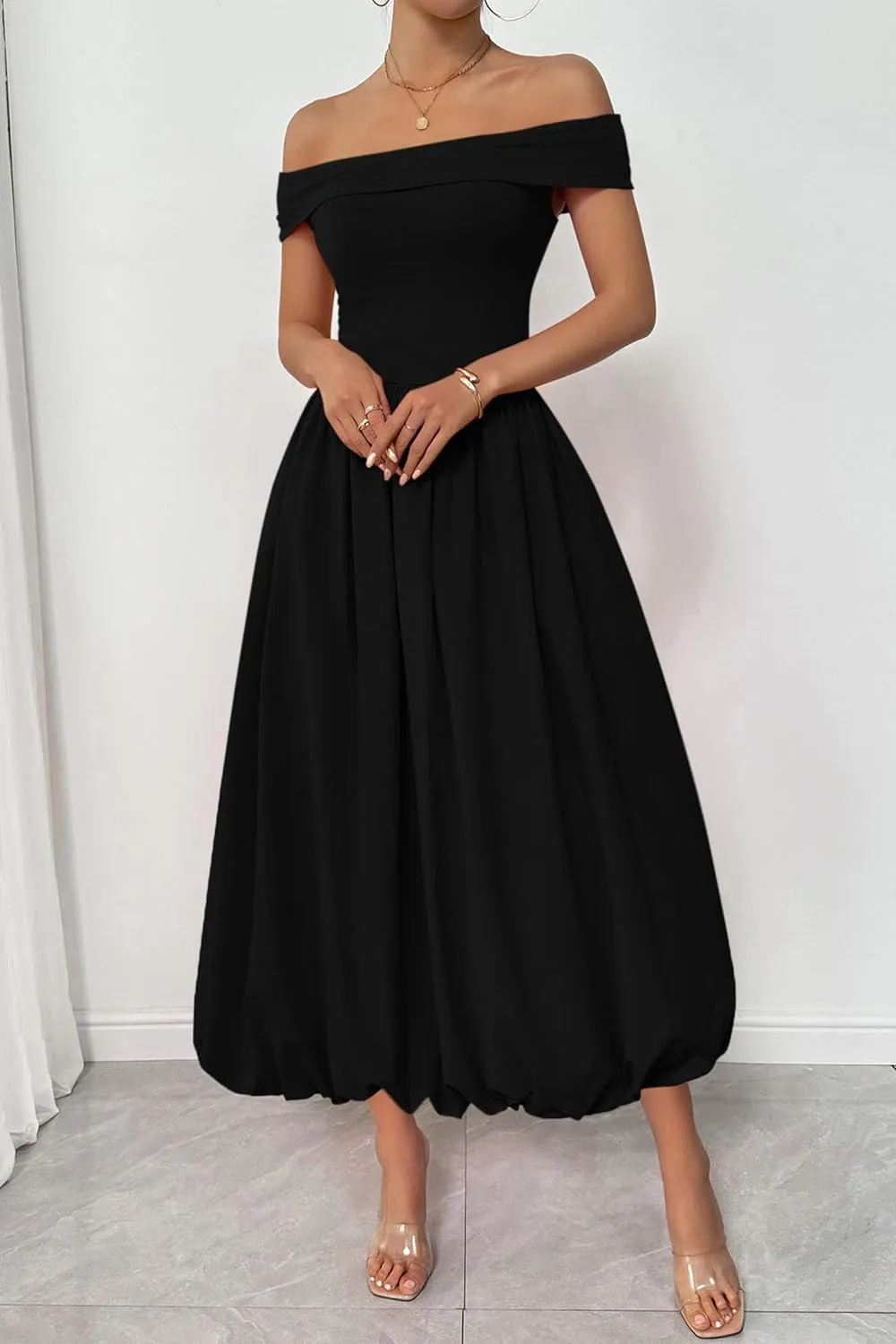PRETTYGARDEN Womens Summer Off Shoulder Sleeveless Midi Dress Cocktail A Line Flowy Wedding Guest Dresses with Pockets