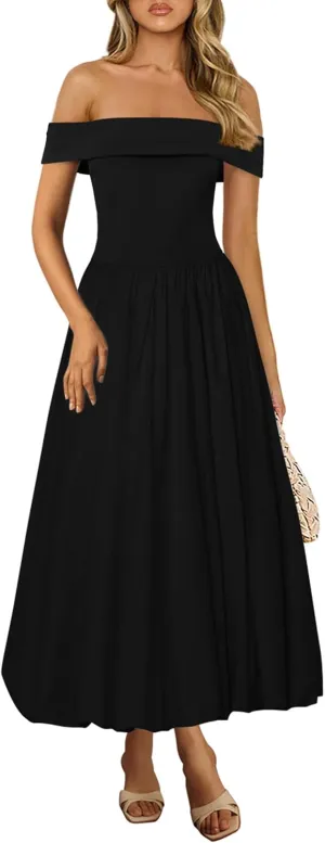 PRETTYGARDEN Womens Summer Off Shoulder Sleeveless Midi Dress Cocktail A Line Flowy Wedding Guest Dresses with Pockets