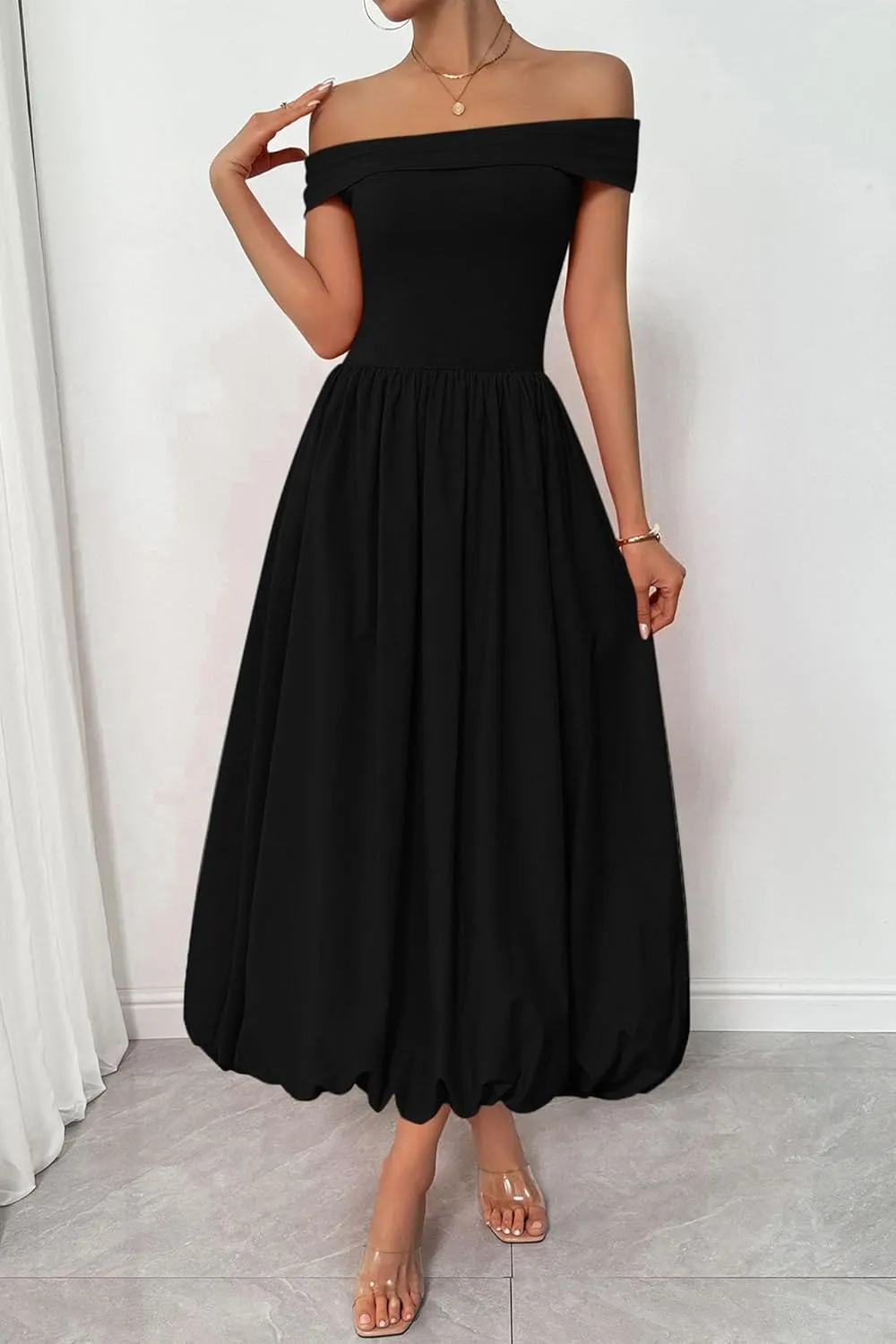 PRETTYGARDEN Womens Summer Off Shoulder Sleeveless Midi Dress Cocktail A Line Flowy Wedding Guest Dresses with Pockets