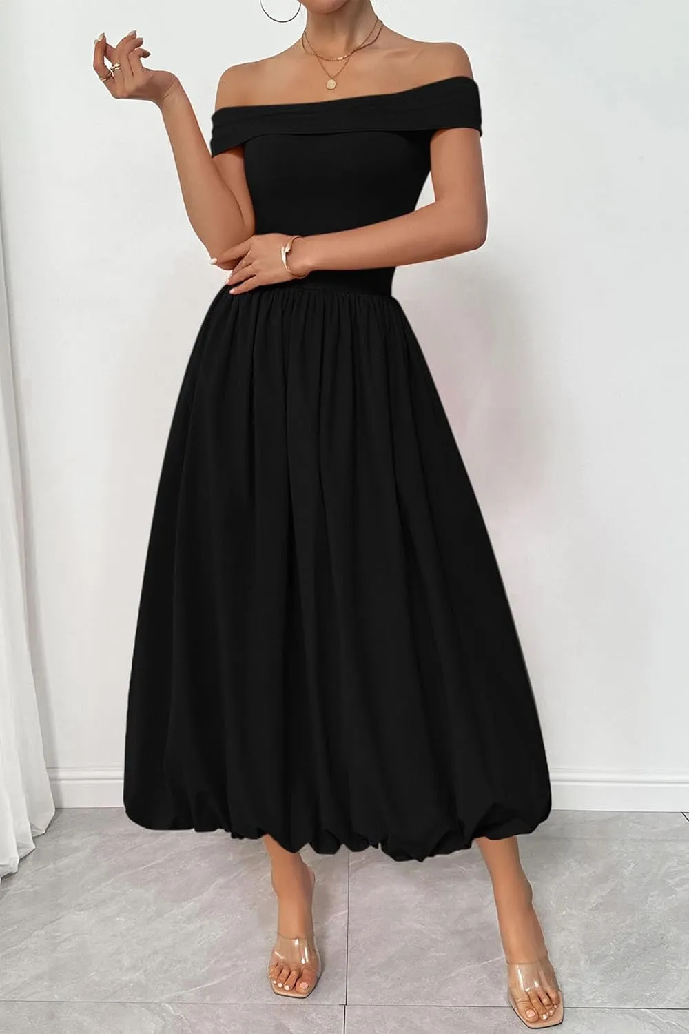 PRETTYGARDEN Womens Summer Off Shoulder Sleeveless Midi Dress Cocktail A Line Flowy Wedding Guest Dresses with Pockets