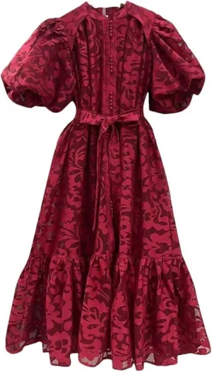 Puff Sleeve Printed Long Dress for Women Lace Up Belted Crew Neck High Waist A Line Dresses