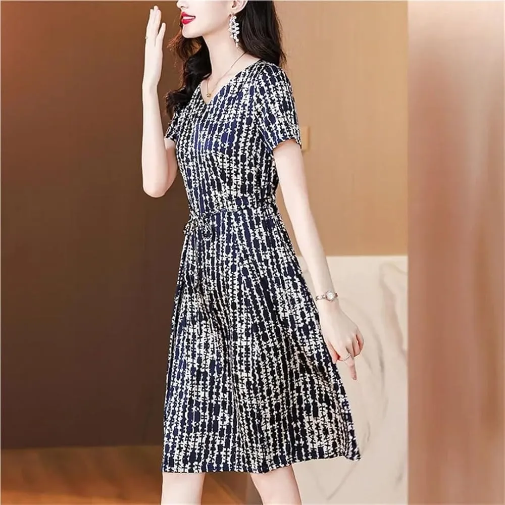 Silk Dress for Women Waist Cinching Slimming Midi Striped Print Skirt Dress Breathable Elegant Summer Dress(X-Large)