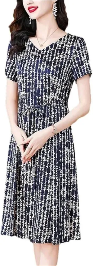 Silk Dress for Women Waist Cinching Slimming Midi Striped Print Skirt Dress Breathable Elegant Summer Dress(X-Large)