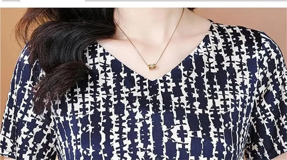Silk Dress for Women Waist Cinching Slimming Midi Striped Print Skirt Dress Breathable Elegant Summer Dress(X-Large)