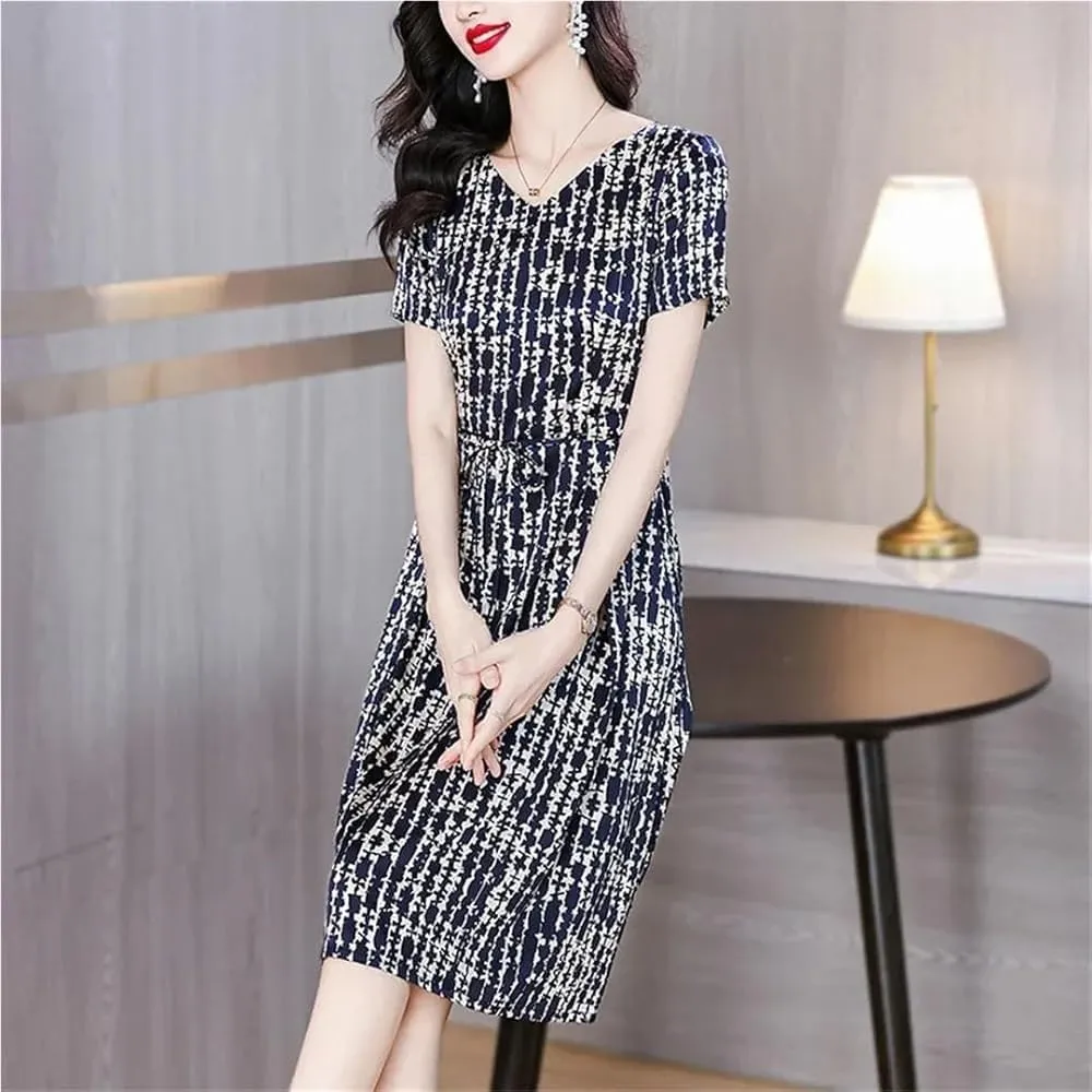 Silk Dress for Women Waist Cinching Slimming Midi Striped Print Skirt Dress Breathable Elegant Summer Dress(X-Large)