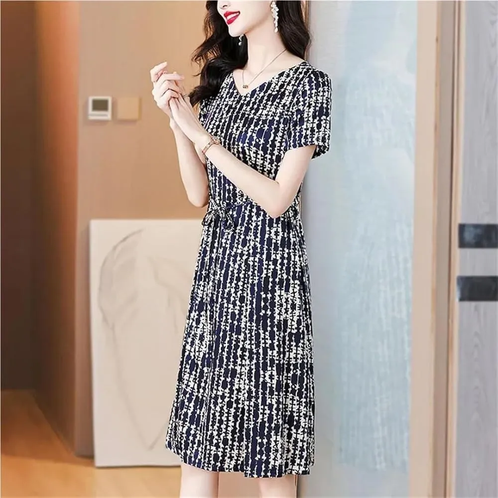 Silk Dress for Women Waist Cinching Slimming Midi Striped Print Skirt Dress Breathable Elegant Summer Dress(X-Large)