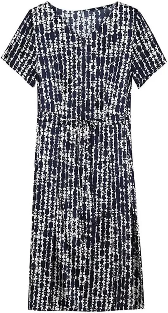 Silk Dress for Women Waist Cinching Slimming Midi Striped Print Skirt Dress Breathable Elegant Summer Dress(X-Large)