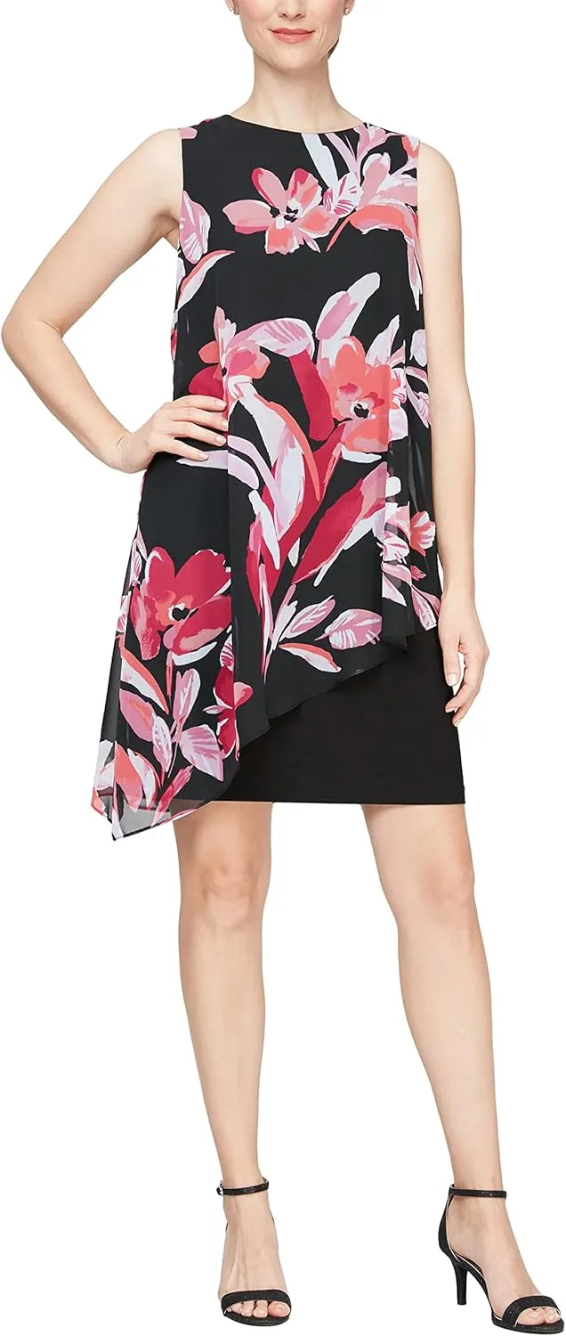 S.L. Fashions Women's Sleeveless Print Asymmetric Chiffon Overlay Dress