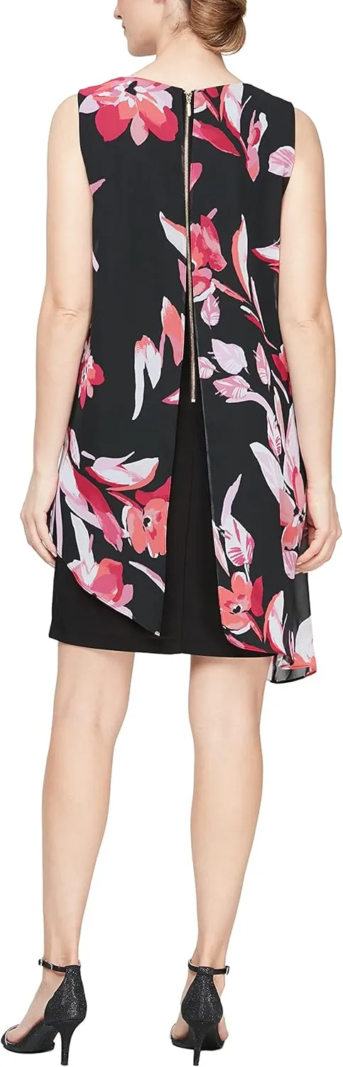 S.L. Fashions Women's Sleeveless Print Asymmetric Chiffon Overlay Dress