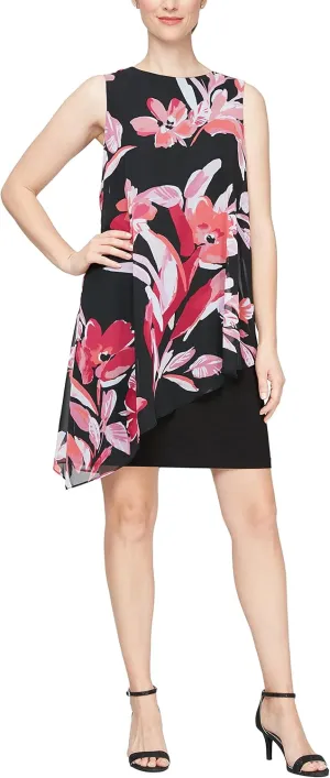 S.L. Fashions Women's Sleeveless Print Asymmetric Chiffon Overlay Dress