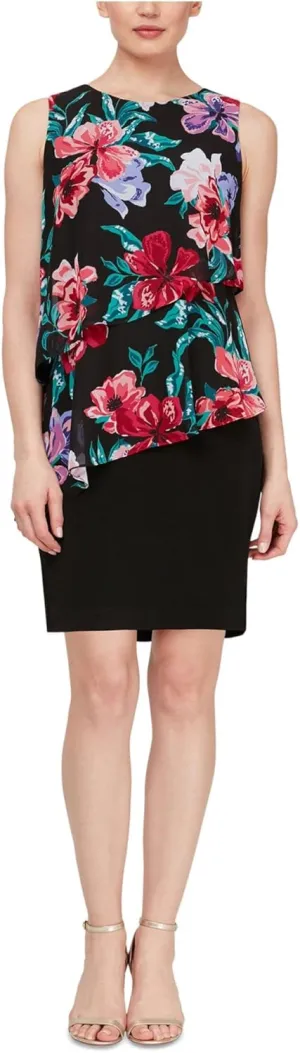 S.L. Fashions Women's Sleeveless Print Asymmetric Chiffon Overlay Dress