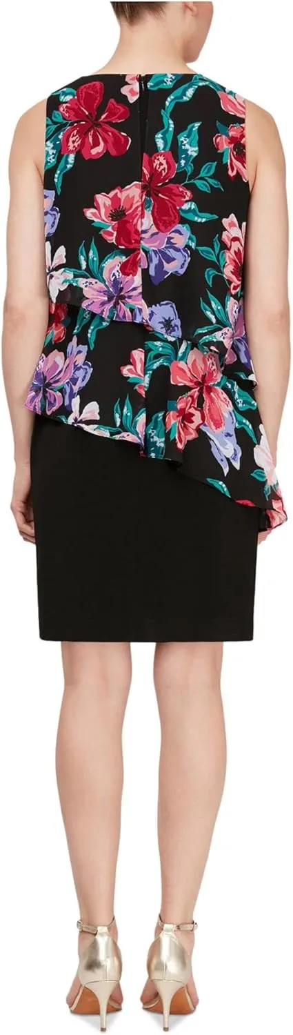 S.L. Fashions Women's Sleeveless Print Asymmetric Chiffon Overlay Dress