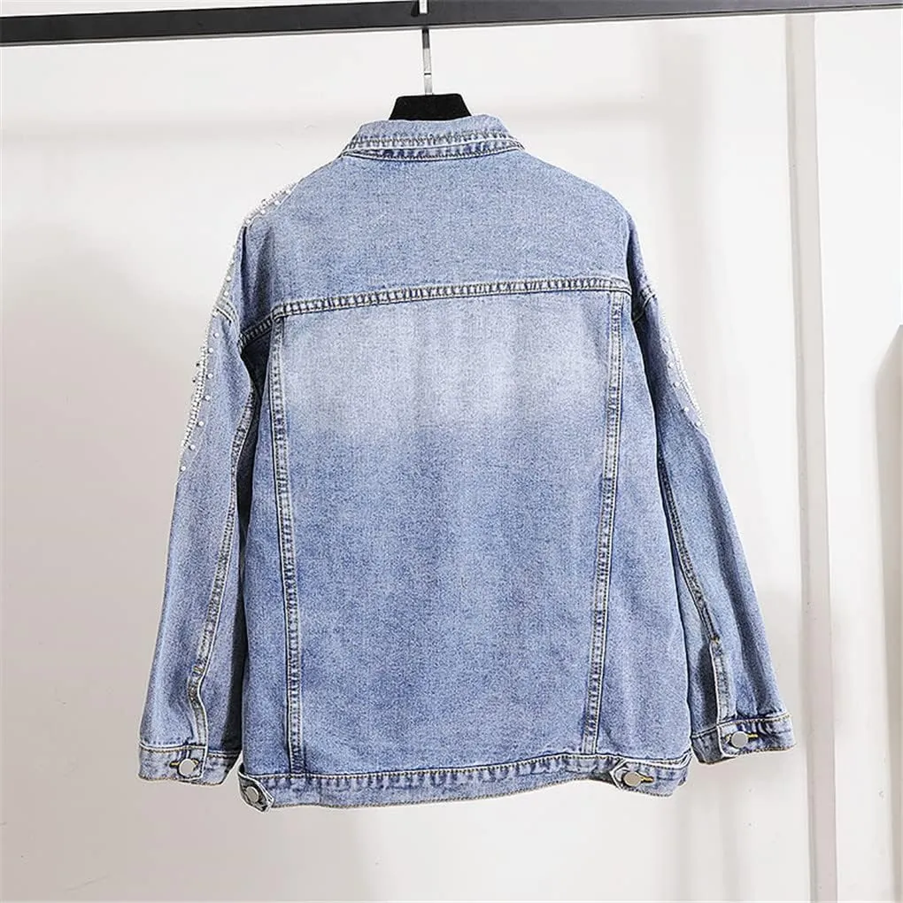 Streetwear Loose Women Denim Jacket Autumn Fashion Beads Diamond Embroidered Flower Female Coat