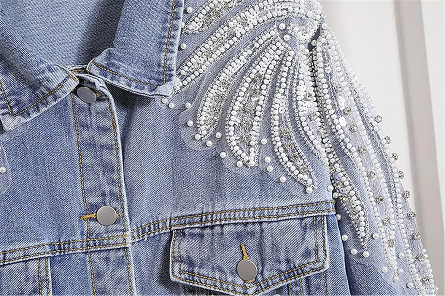 Streetwear Loose Women Denim Jacket Autumn Fashion Beads Diamond Embroidered Flower Female Coat