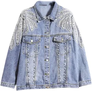 Streetwear Loose Women Denim Jacket Autumn Fashion Beads Diamond Embroidered Flower Female Coat