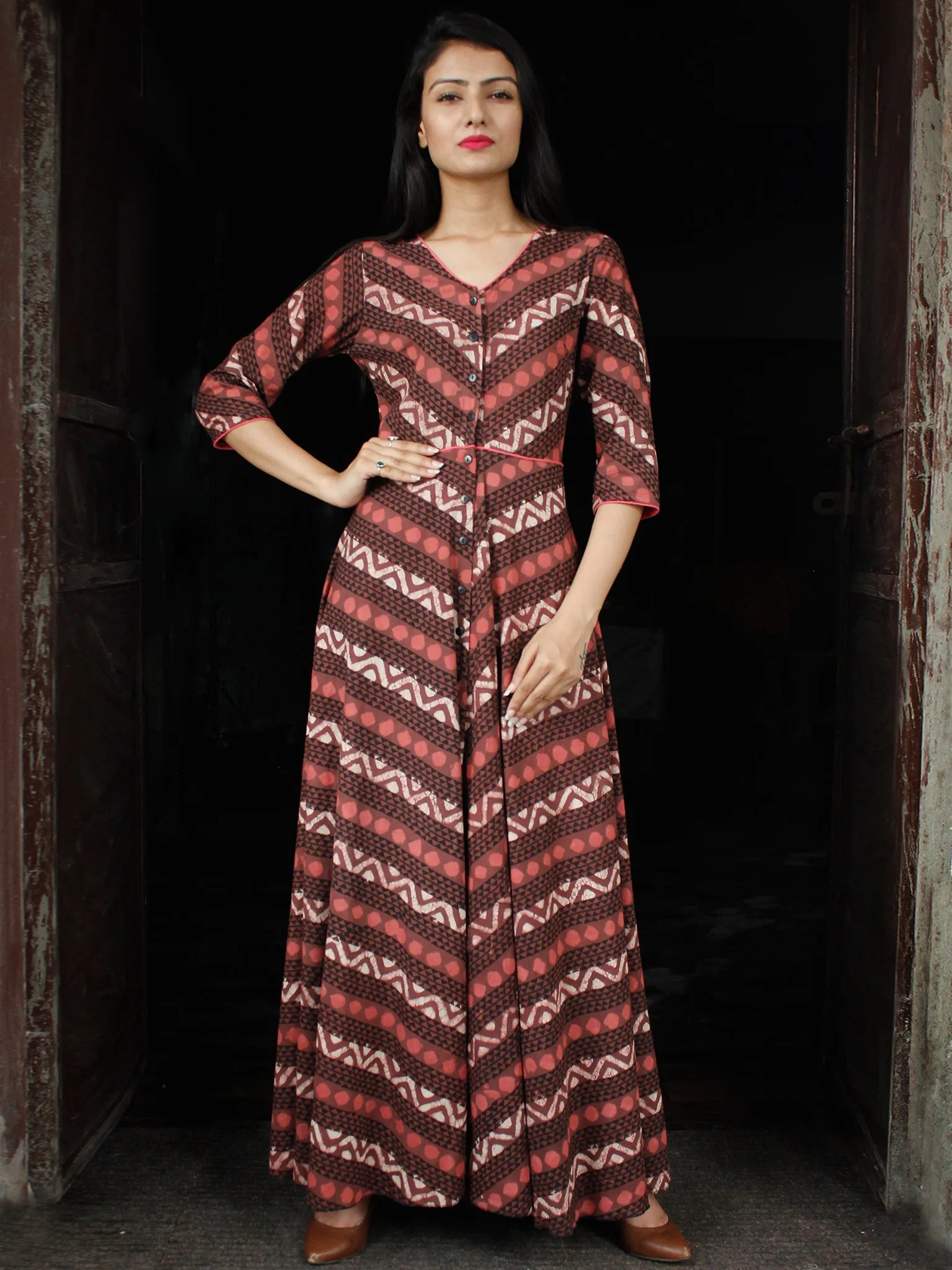 SYMMETRICALLY ASYMMETRIC -  Hand Block Printed Long Cotton Dress With Front Opening  - D79F1733