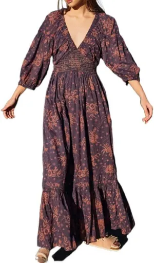 Women Boho Deep V Neck Puff Sleeve Maxi Dress Casual Floral Chiffon Tiered Flowy Swing Party Long Dress