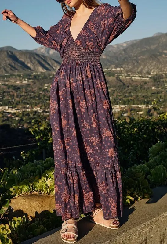 Women Boho Deep V Neck Puff Sleeve Maxi Dress Casual Floral Chiffon Tiered Flowy Swing Party Long Dress