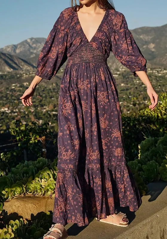 Women Boho Deep V Neck Puff Sleeve Maxi Dress Casual Floral Chiffon Tiered Flowy Swing Party Long Dress