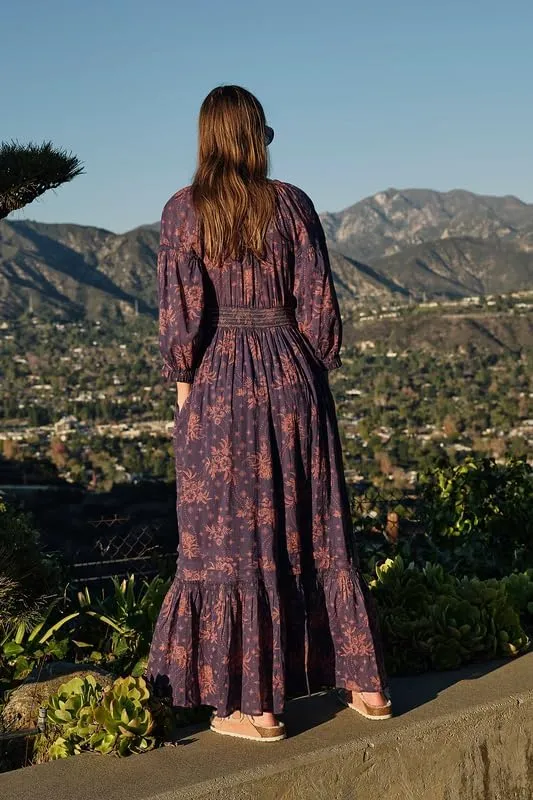 Women Boho Deep V Neck Puff Sleeve Maxi Dress Casual Floral Chiffon Tiered Flowy Swing Party Long Dress