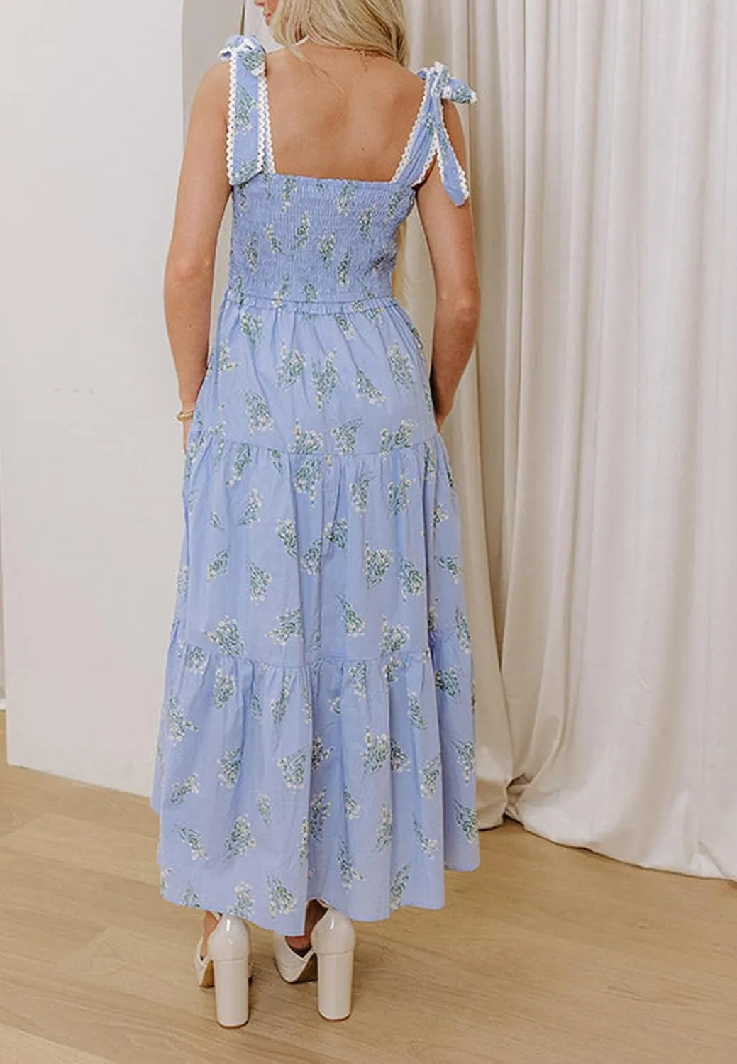 Women Boho Tie Shoulder Floral Maxi Dress Cute Smocked Flowy Long Dress Elegant Print Summer Vocation Tiered Sundress