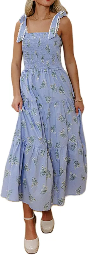Women Boho Tie Shoulder Floral Maxi Dress Cute Smocked Flowy Long Dress Elegant Print Summer Vocation Tiered Sundress