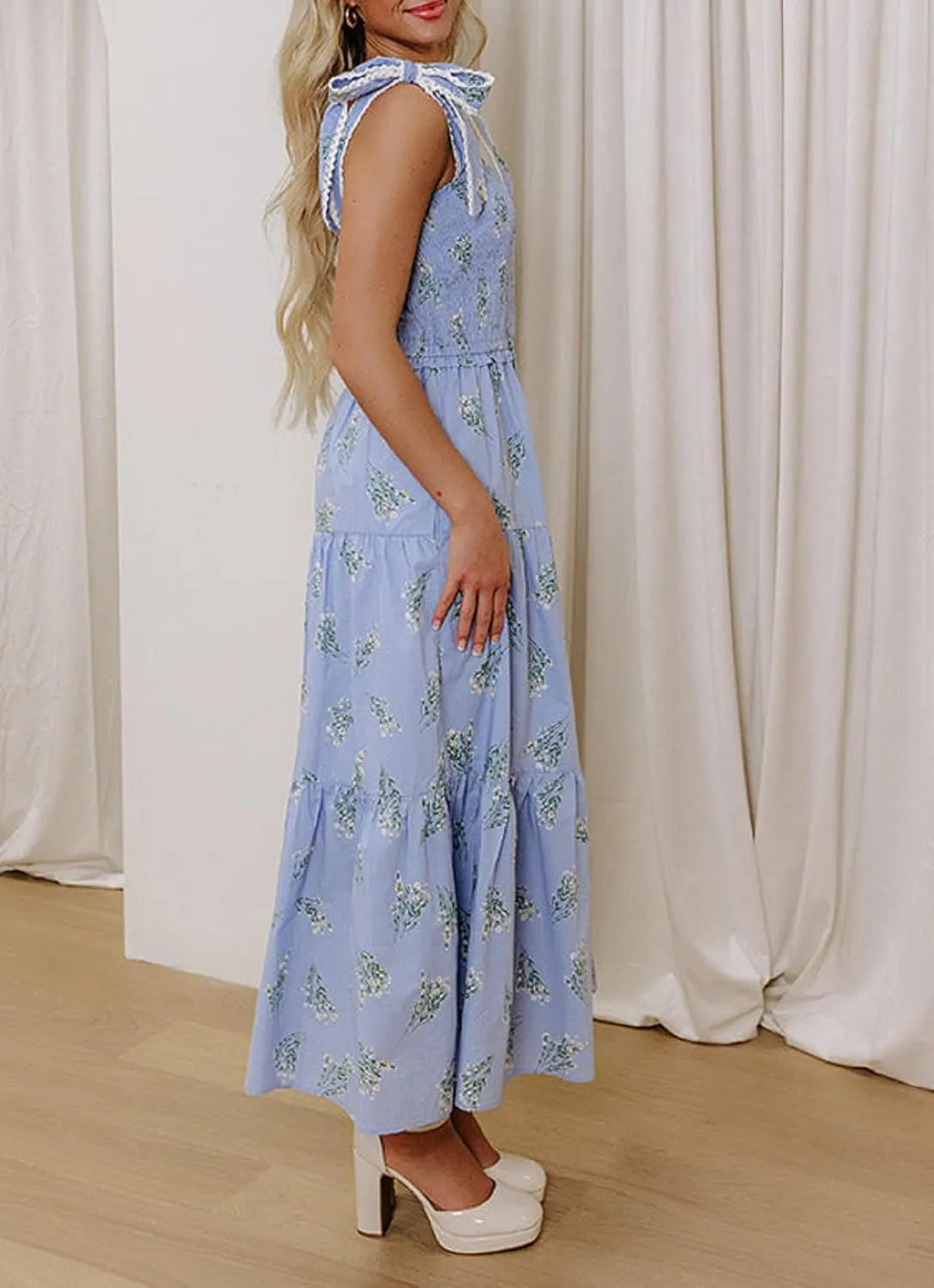 Women Boho Tie Shoulder Floral Maxi Dress Cute Smocked Flowy Long Dress Elegant Print Summer Vocation Tiered Sundress