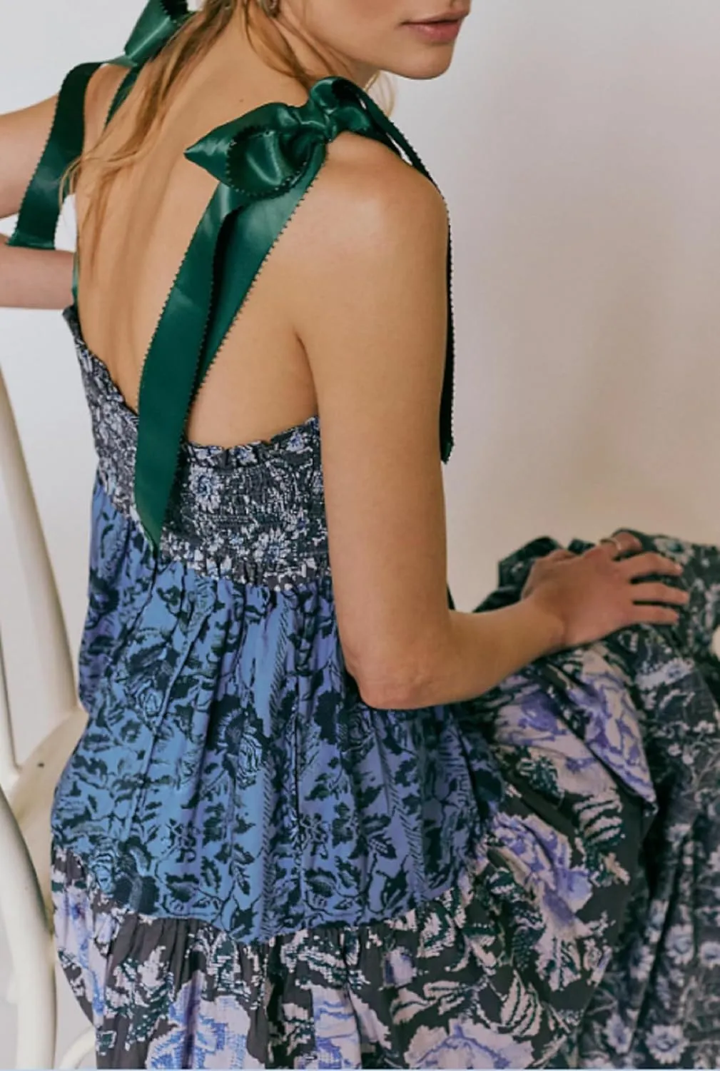 Women Bow Tie Shoulder Boho Flowy Long Dress Sleeveless Floral Tiered Cami Dress Graffiti Going Out Vocation Sundress