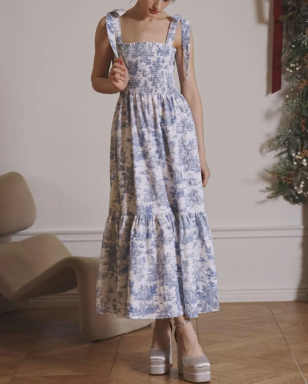 Women Bow Tie Shoulder Boho Flowy Long Dress Sleeveless Floral Tiered Cami Dress Graffiti Going Out Vocation Sundress
