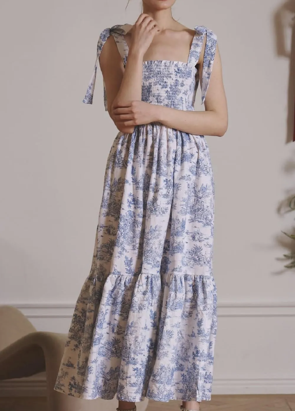 Women Bow Tie Shoulder Boho Flowy Long Dress Sleeveless Floral Tiered Cami Dress Graffiti Going Out Vocation Sundress