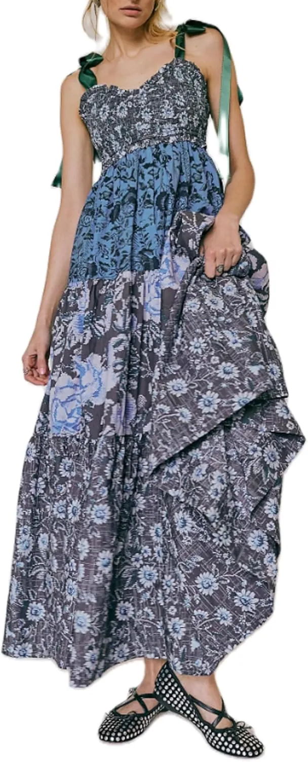 Women Bow Tie Shoulder Boho Flowy Long Dress Sleeveless Floral Tiered Cami Dress Graffiti Going Out Vocation Sundress