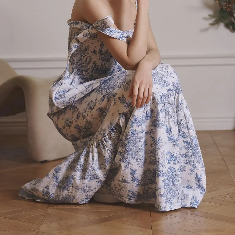 Women Bow Tie Shoulder Boho Flowy Long Dress Sleeveless Floral Tiered Cami Dress Graffiti Going Out Vocation Sundress