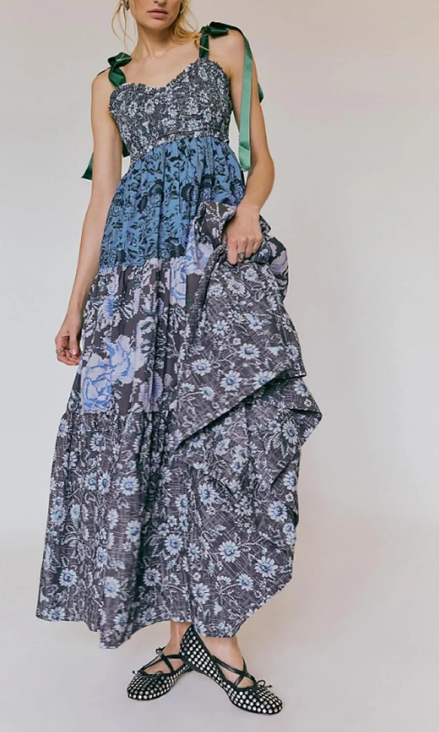 Women Bow Tie Shoulder Boho Flowy Long Dress Sleeveless Floral Tiered Cami Dress Graffiti Going Out Vocation Sundress