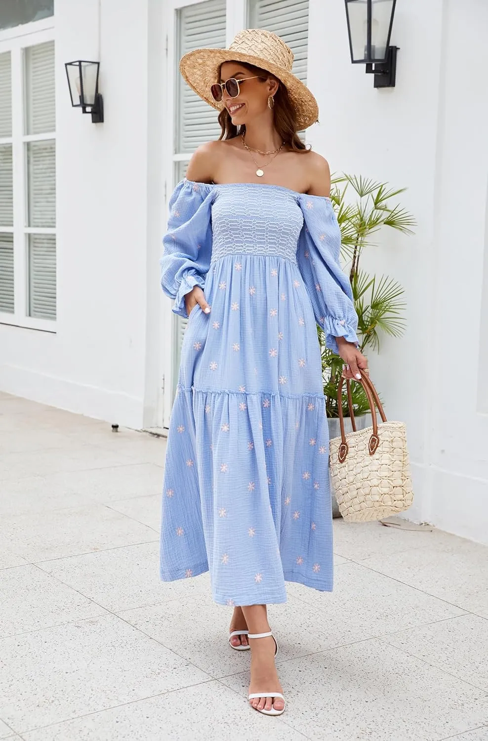 Women Floral Embroidered Maxi Dress Long Puff Sleeve Square Neck Bohemian Flowy Dress with Pockets Summer Fall