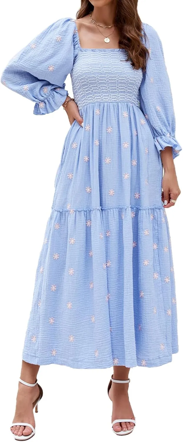 Women Floral Embroidered Maxi Dress Long Puff Sleeve Square Neck Bohemian Flowy Dress with Pockets Summer Fall