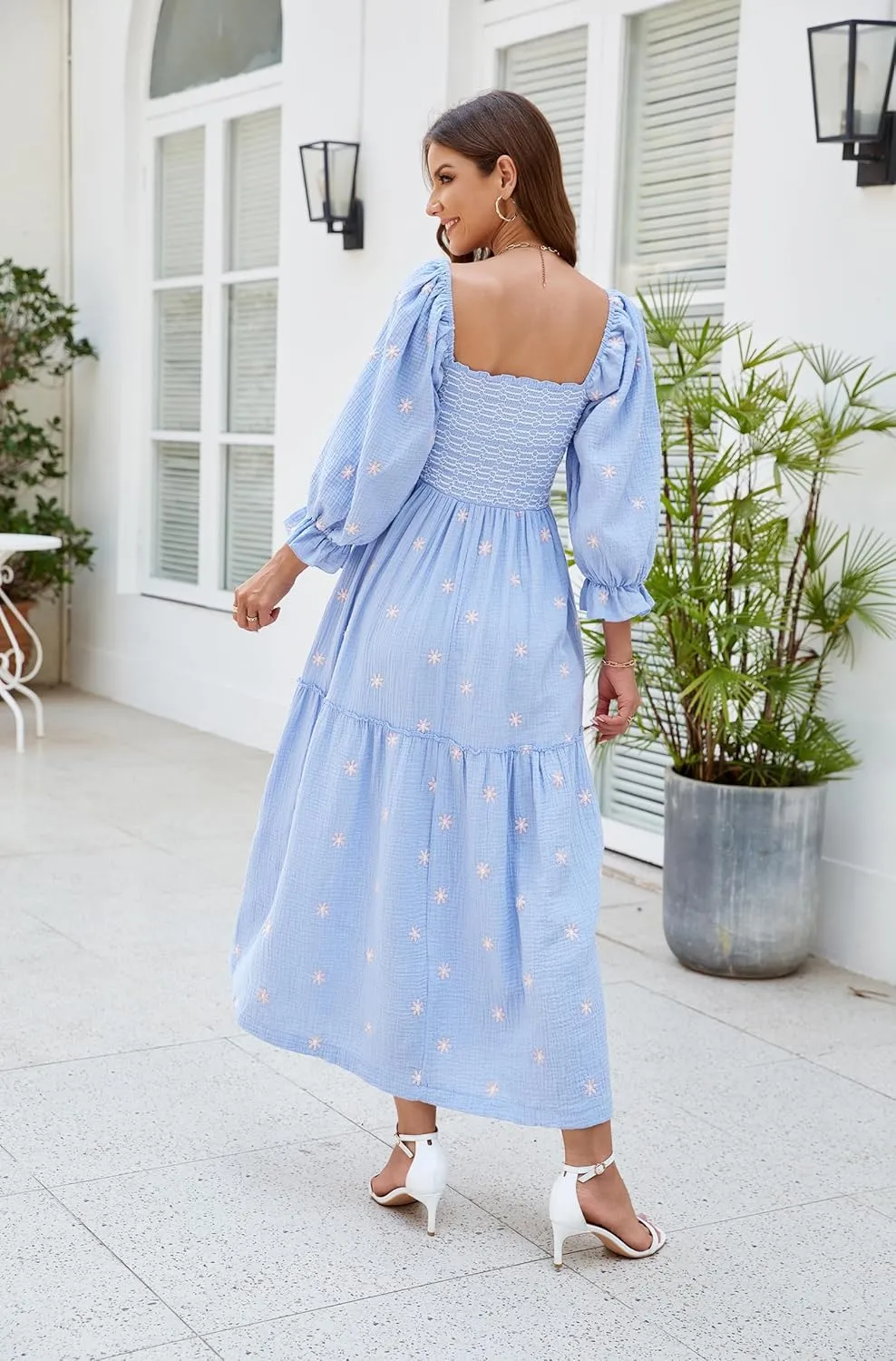 Women Floral Embroidered Maxi Dress Long Puff Sleeve Square Neck Bohemian Flowy Dress with Pockets Summer Fall