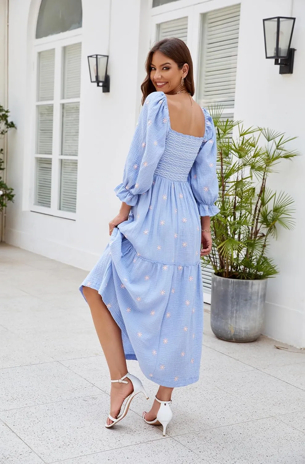 Women Floral Embroidered Maxi Dress Long Puff Sleeve Square Neck Bohemian Flowy Dress with Pockets Summer Fall