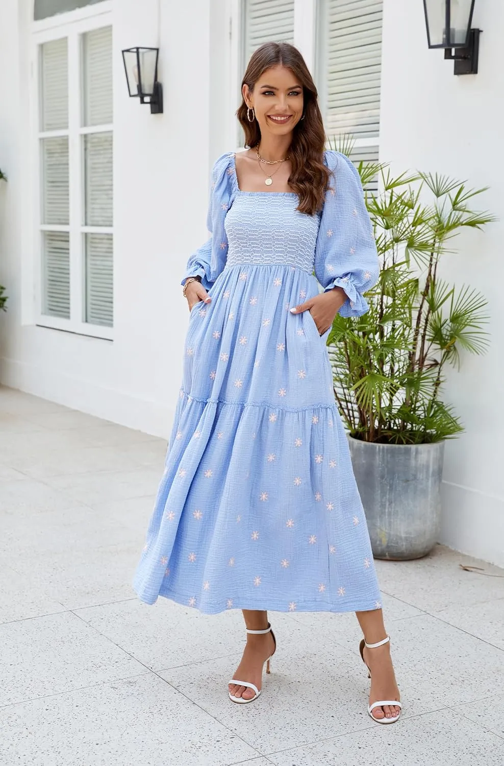 Women Floral Embroidered Maxi Dress Long Puff Sleeve Square Neck Bohemian Flowy Dress with Pockets Summer Fall