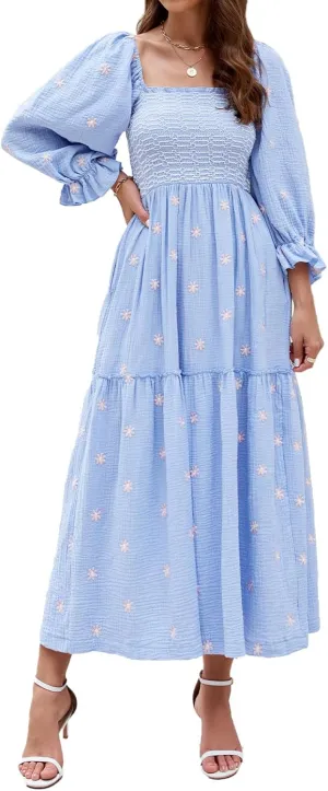 Women Floral Embroidered Maxi Dress Long Puff Sleeve Square Neck Bohemian Flowy Dress with Pockets Summer Fall