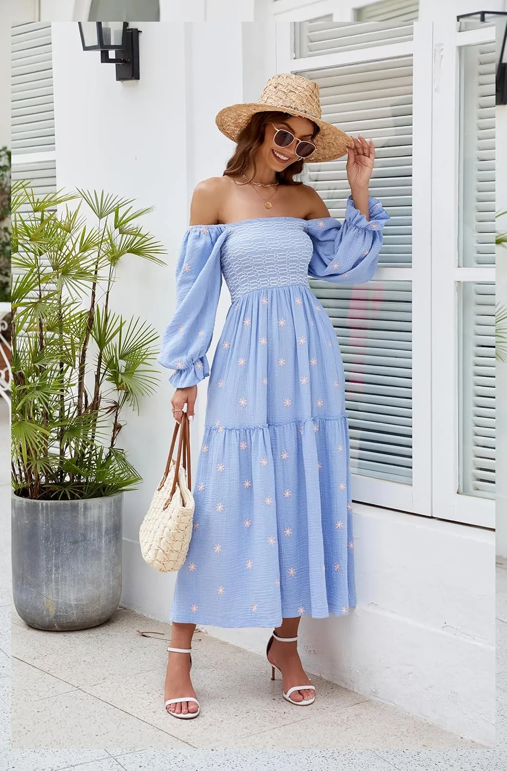 Women Floral Embroidered Maxi Dress Long Puff Sleeve Square Neck Bohemian Flowy Dress with Pockets Summer Fall