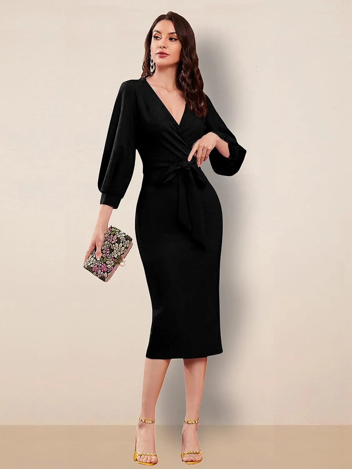Women V Neck fulls Sleeve one Piece Formal Black Floral Western one Piece Knee-Length Dress