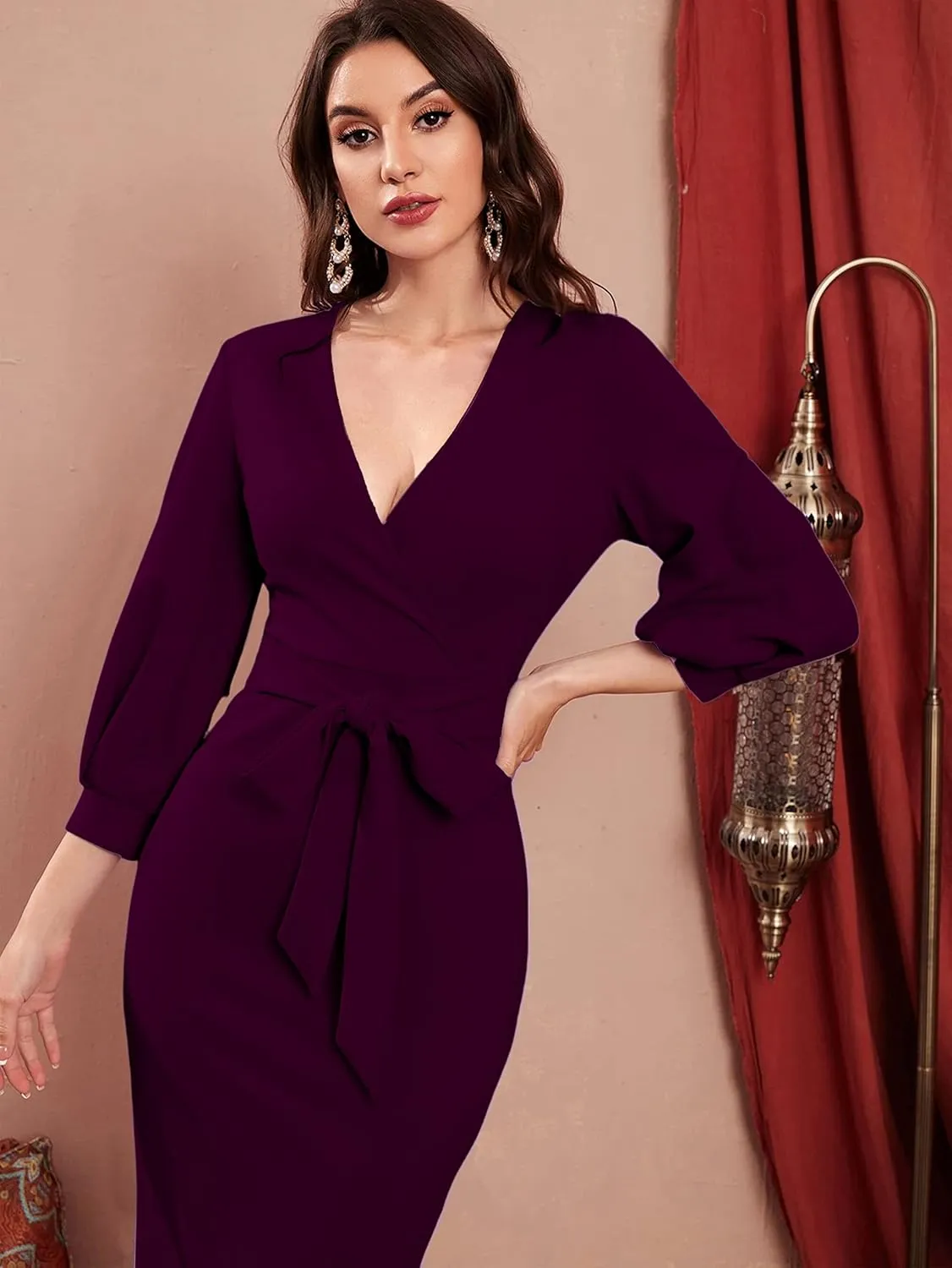Women V Neck fulls Sleeve one Piece Formal Black Floral Western one Piece Knee-Length Dress