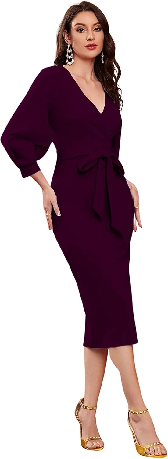 Women V Neck fulls Sleeve one Piece Formal Black Floral Western one Piece Knee-Length Dress